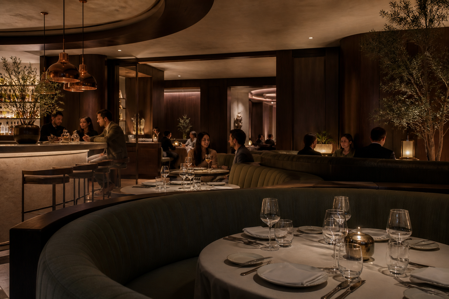 Circular seating and warm lamps in Woodland Room